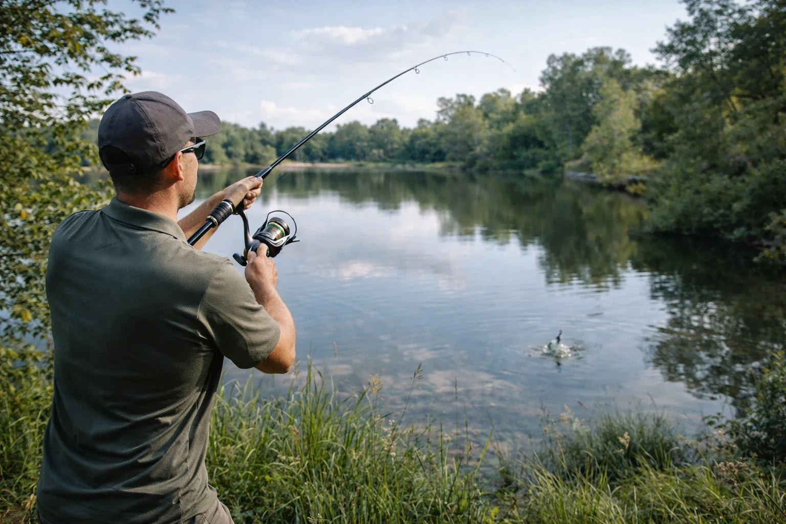 Angler casting a light spinning rod from the shore of a lake during pike fishing