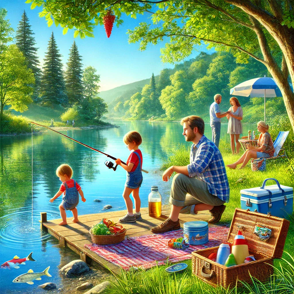Family fishing trip at a serene lake, with a parent teaching a child to fish, a picnic setup, and lush green trees under a sunny blue sky – perfect bonding activity for kids and parents.