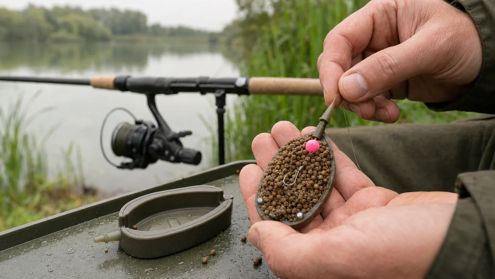 Angler preparing a flatbed method feeder loaded with micro pellets and a bright pink wafter beside a carp lake