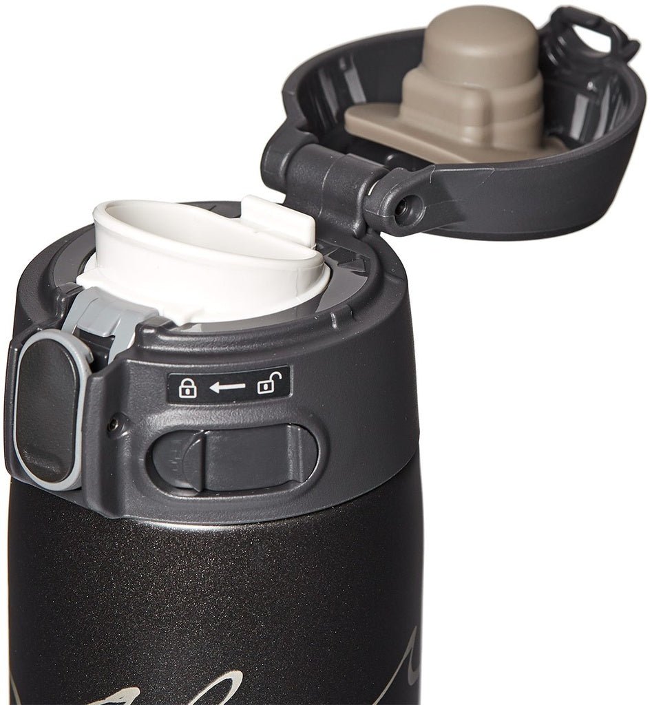 Zojirushi SM-TAE48 insulated mug 480ml black with flip lid open, showing spout design