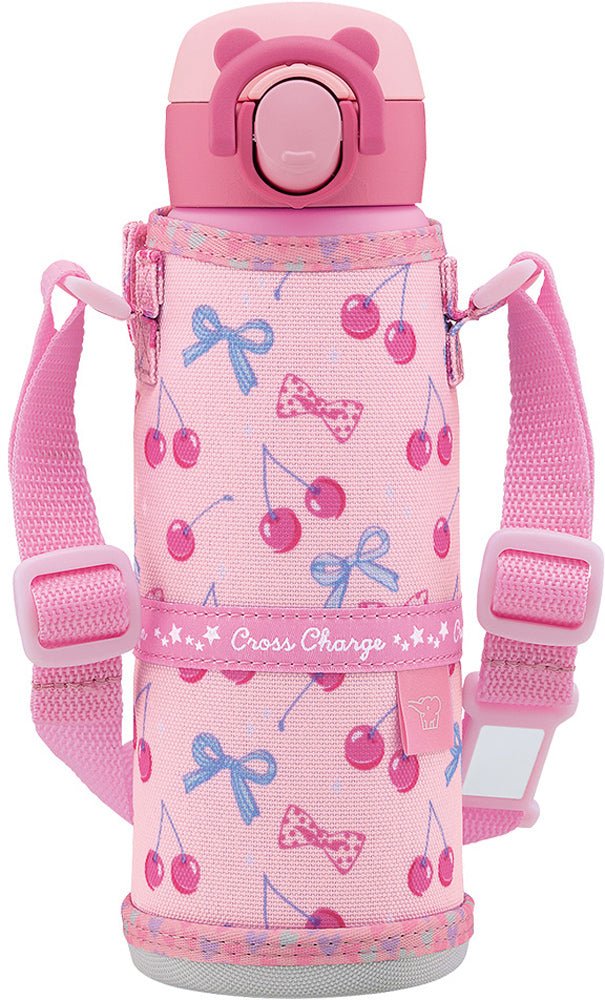 Zojirushi SH-UX48A kids insulated bottle 480ml pink with dinosaur print, protective cover and carrying strap