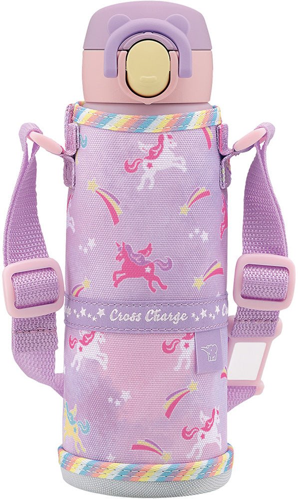 Zojirushi SH-UX48A kids insulated bottle 480ml purple with unicorn print, protective cover and shoulder strap