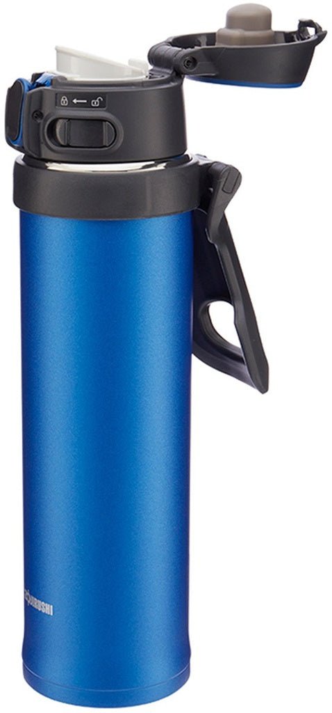 Blue Zojirushi SM-QAF60 travel mug with flip-top lid, compact stainless steel design for everyday use
