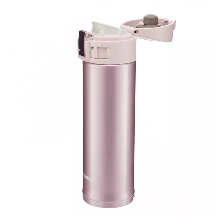 Zojirushi SM-KHE pink slim insulated travel mug side view, compact and lightweight