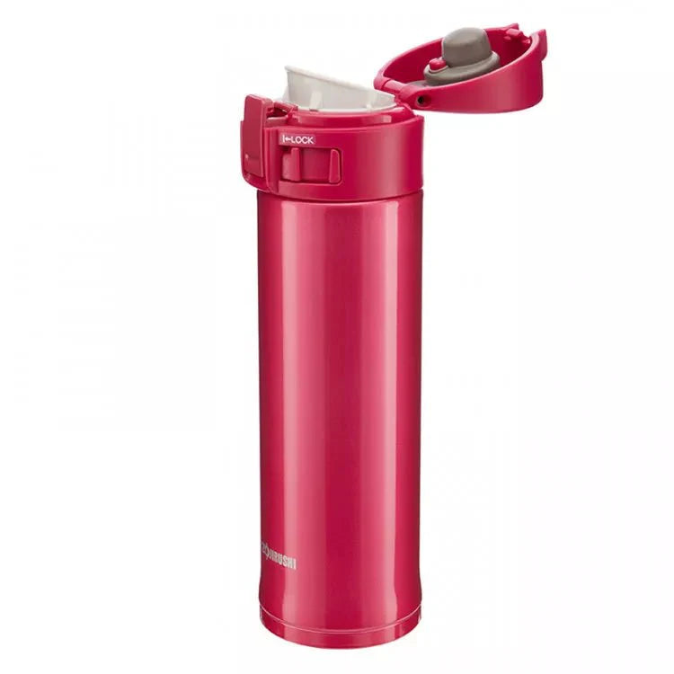 Compact red Zojirushi stainless steel mug with flip-top lid, vacuum insulated for hot and cold drinks