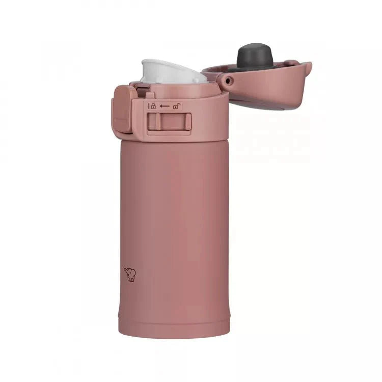 Rose Gold Zojirushi SM-PD20 travel mug with flip-open lid, slim stainless steel design for everyday hydration