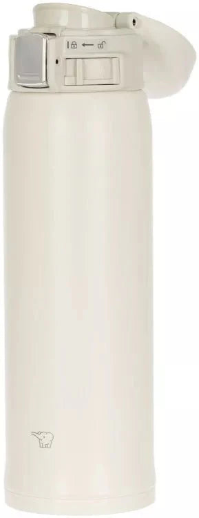 Slim and elegant Zojirushi SH-SF white thermal mug, leak-proof stainless steel design with flip lid