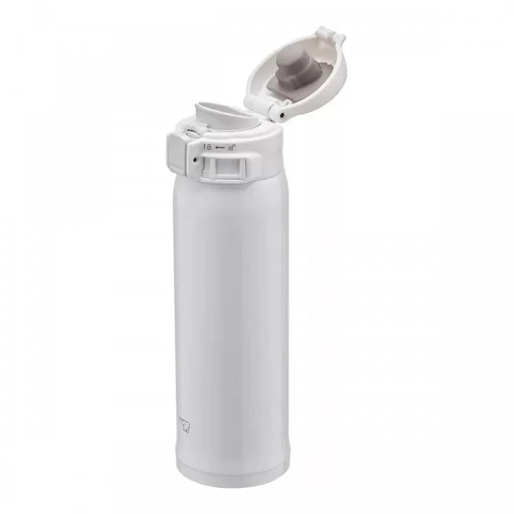 Zojirushi SM-SR white travel mug with open flip-top lid for smooth drinking