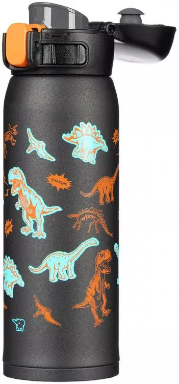Side view of Zojirushi 480ml black travel mug with colourful dinosaur print, perfect for Ireland students and commuters