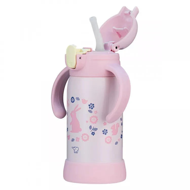 Zojirushi kids mug with flip-open lid and straw, pink design