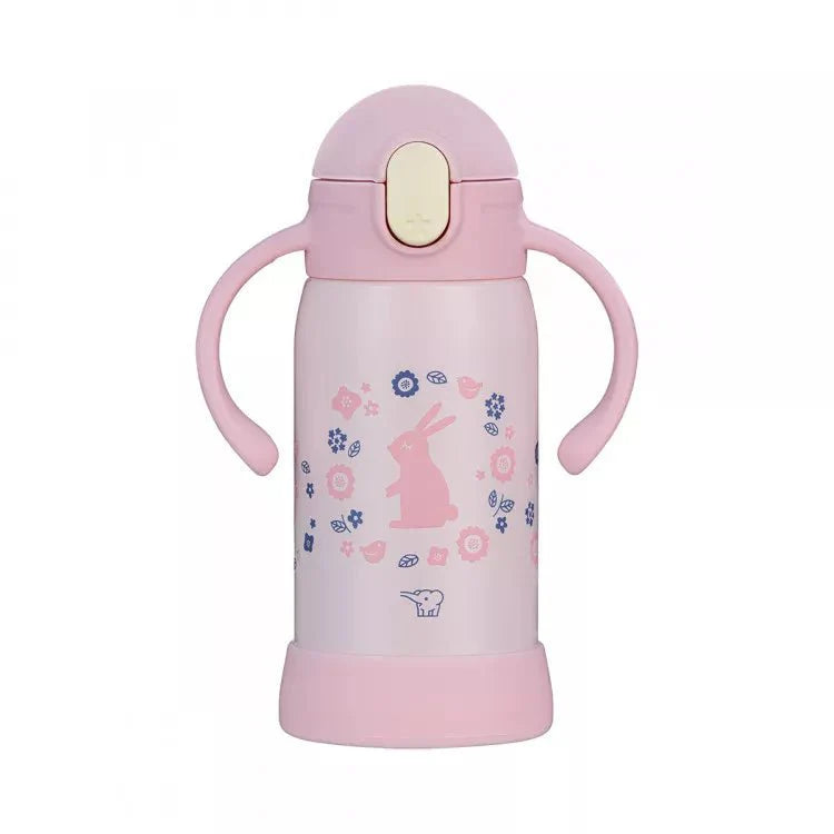 Zojirushi pink children’s stainless steel mug with straw and side handles