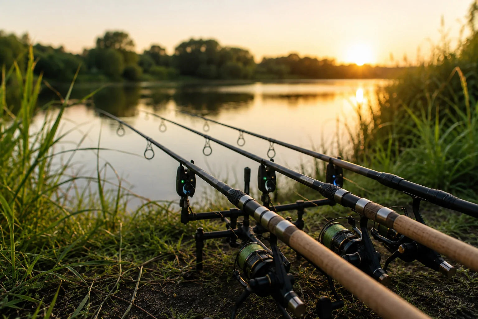 Beginner fishing rods with spinning reels set up beside a peaceful Irish lake at sunset, ideal for anglers looking for quality fishing rods in Dublin, Drogheda and across Ireland.