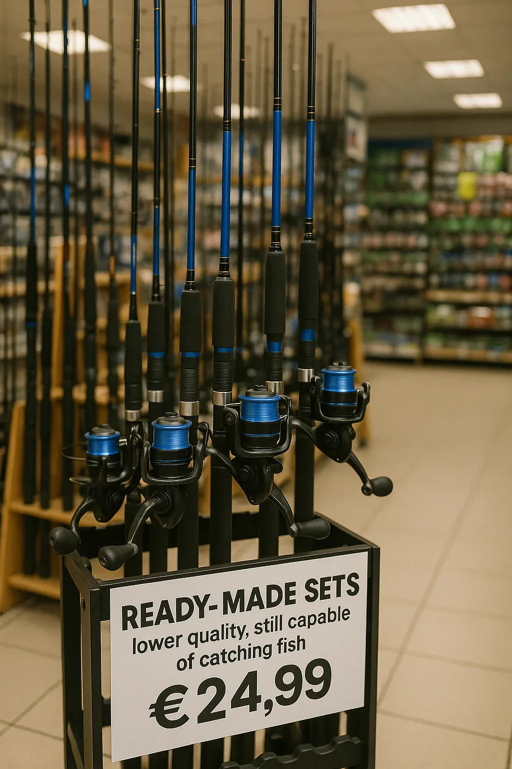 Ready-made fishing rod sets on sale in a Dublin fishing store, priced at €24.99, labelled as lower quality but still capable of catching fish