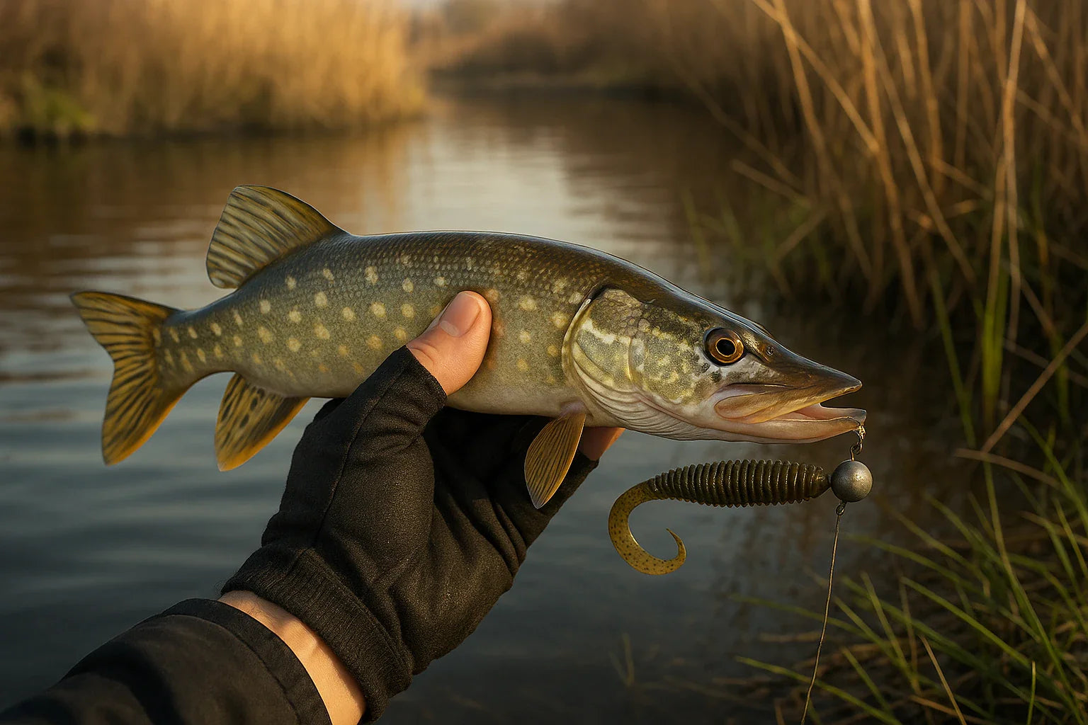 Angler holding a freshly caught pike on a soft plastic lure with a jig head, near the grassy margins of an Irish lake at sunset.