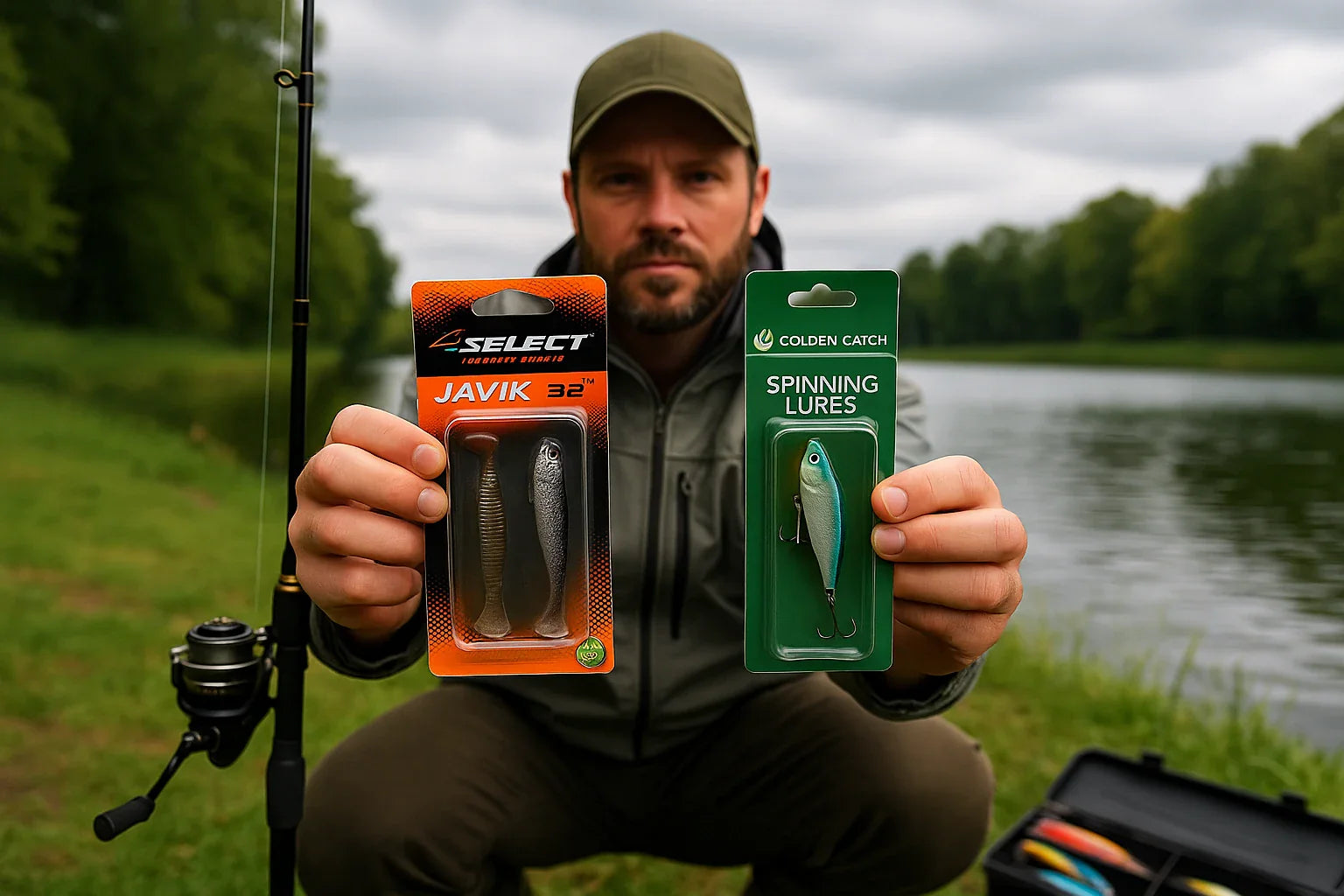 Angler holding Select Javik and Golden Catch spinning lures by a lake in Ireland, comparing budget fishing tackle brands for pike and perch.