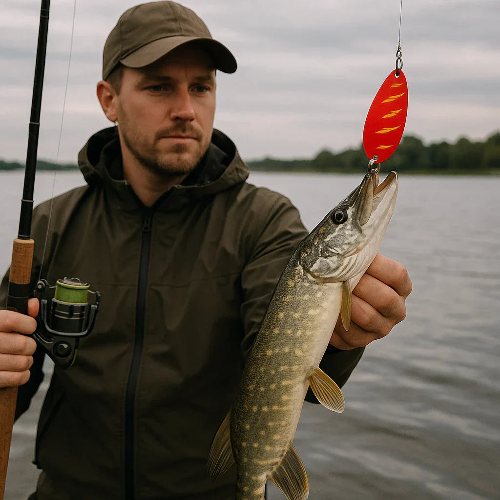 Angler holding a northern pike caught on a red and yellow metal spoon lure during spinning fishing on a calm lake