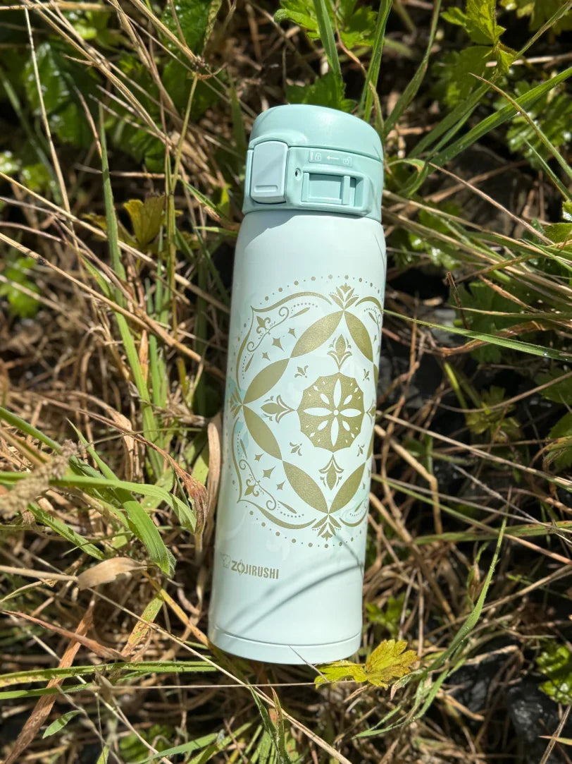 Portable Zojirushi SM-SG48 thermal mug with gold floral design, ideal for outdoor and daily use in Ireland