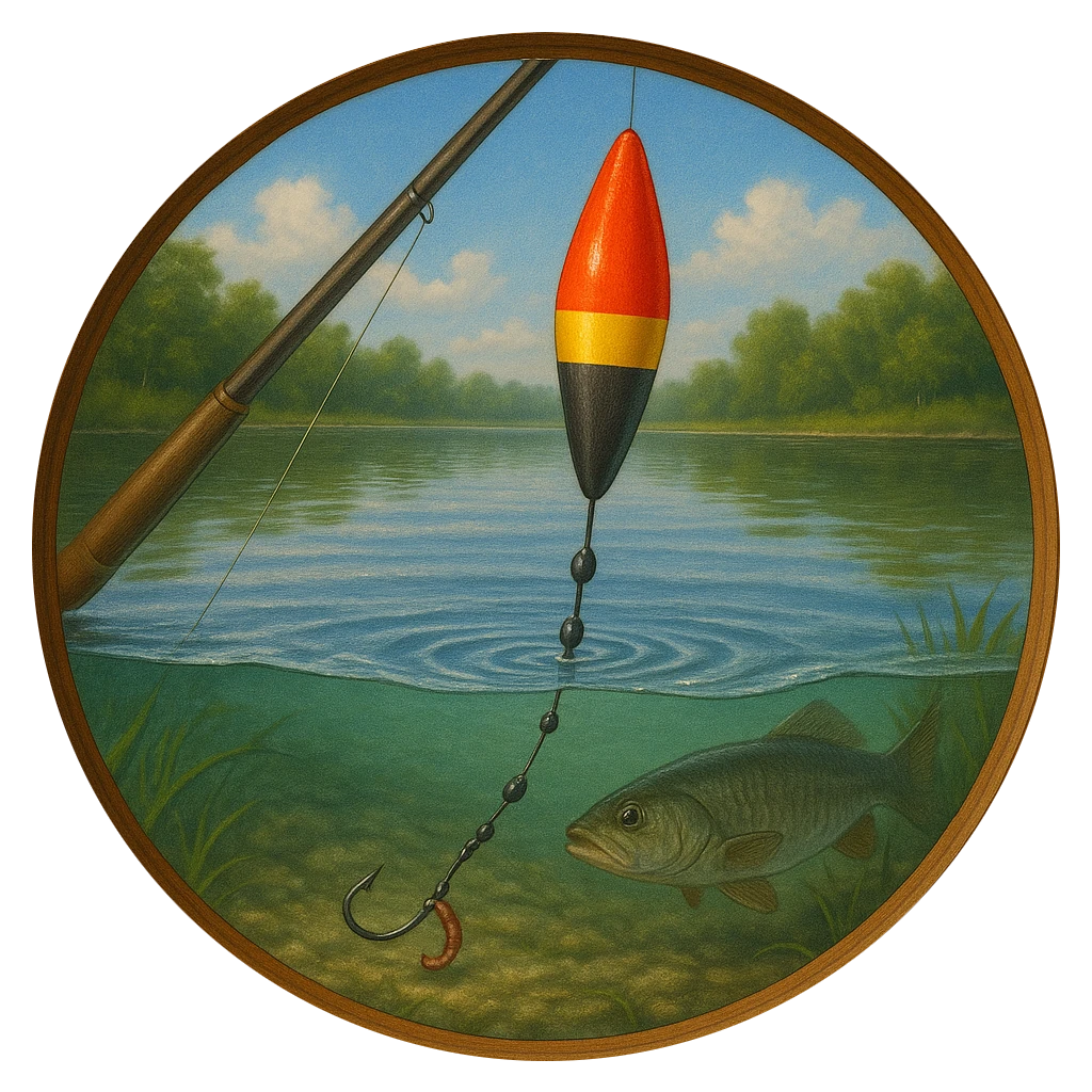 Fishing scene with a bobber, hook, and fish on a lake