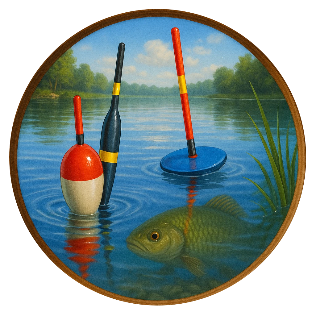 Fishing scene with buoys and a fish in water, framed as a circular painting.