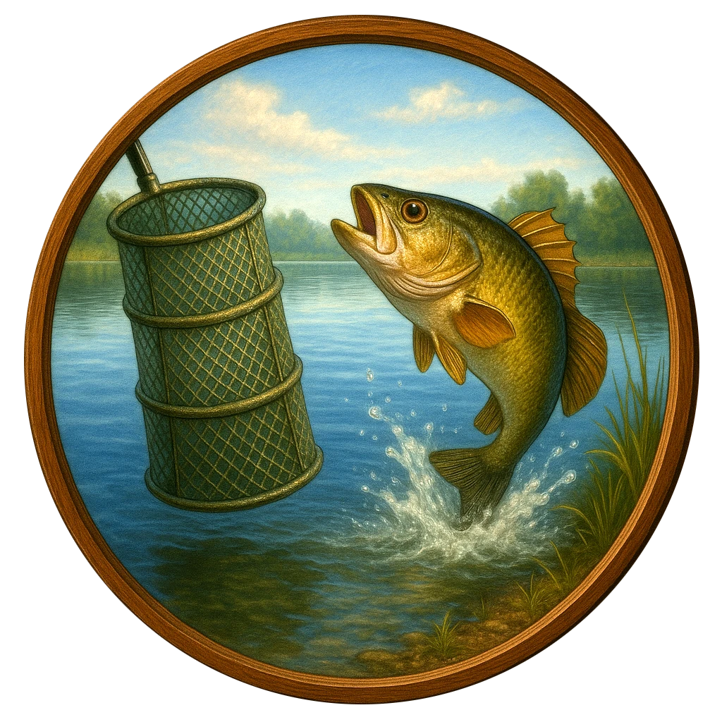 Fishing scene with a fish leaping out of water towards a fishing net, framed in a wooden circle.