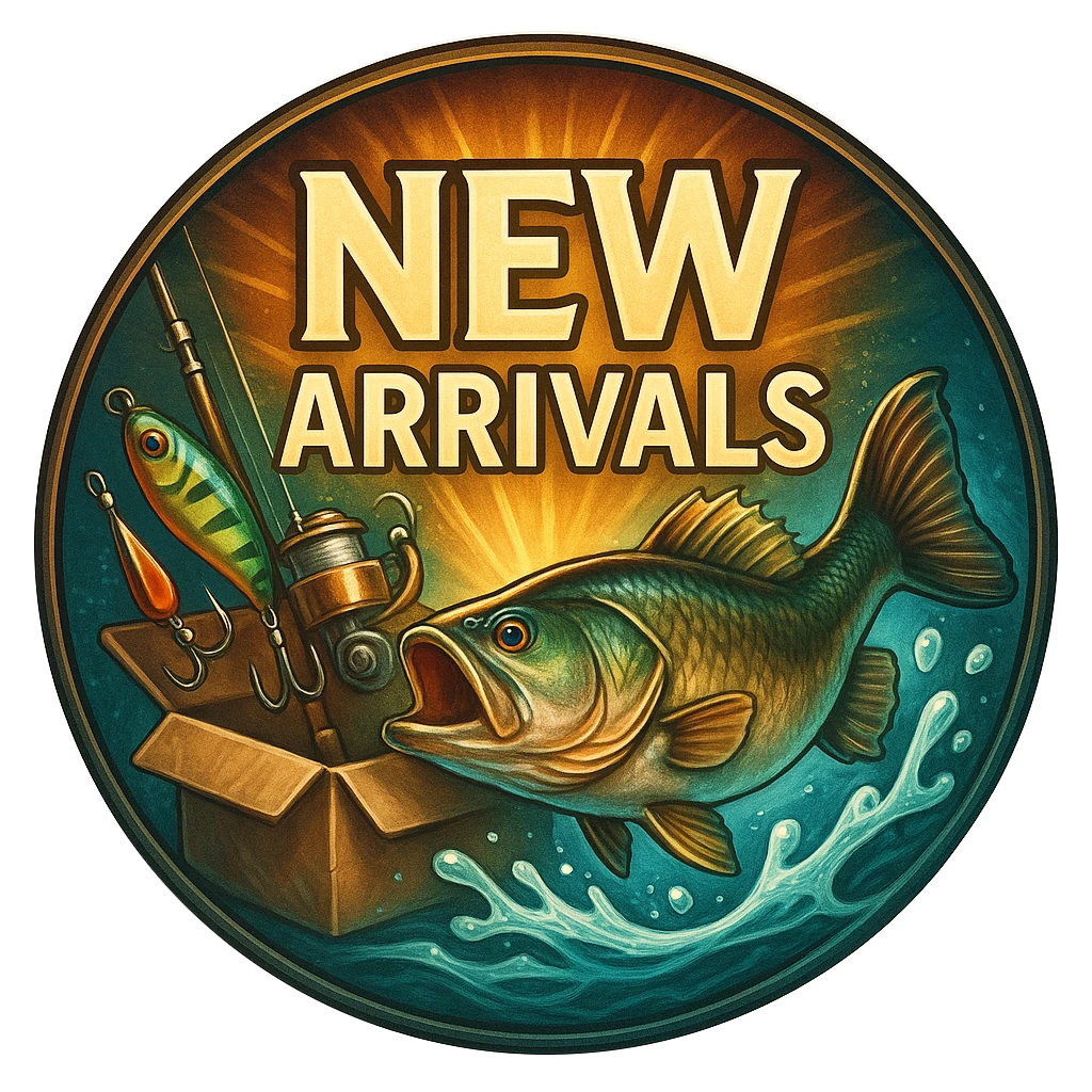Circular graphic with a fish, fishing rod, and lure, featuring 'NEW ARRIVALS' text.