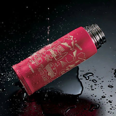 Elegant patterned design on the Zojirushi SJ-JS red stainless steel thermos flask