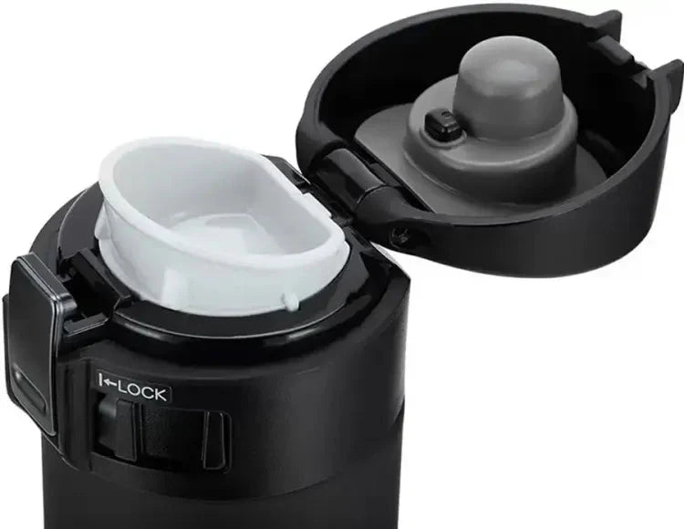 Zojirushi SM-PDX black travel mug open lid showing leak proof and easy clean design
