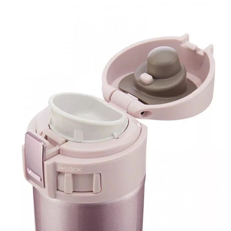 Zojirushi SM-KHE pink slim insulated travel mug side view, compact and lightweight