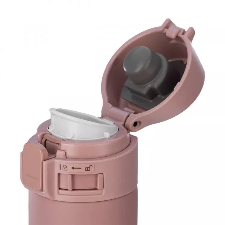 Leak-proof flip-top lid of Zojirushi SM-PD20 Rose Gold mug, hygienic and easy to clean stainless steel interior