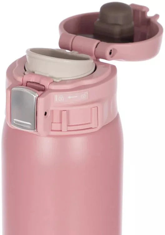 Leak-proof flip-top lid of Zojirushi SH-5 Series pink mug, easy to open and clean design
