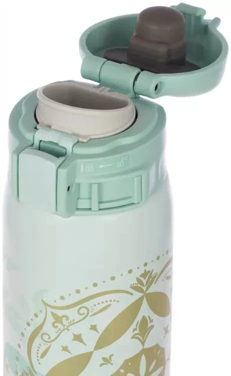 Flip-open lid of Zojirushi SM-SG48 white and gold travel mug, leak-proof and easy to clean