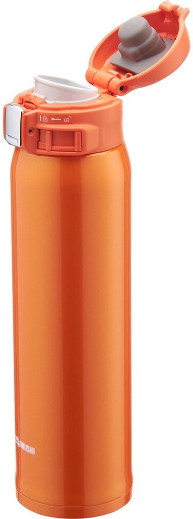 Side view of Zojirushi SM-SHE orange thermal mug with slim portable body