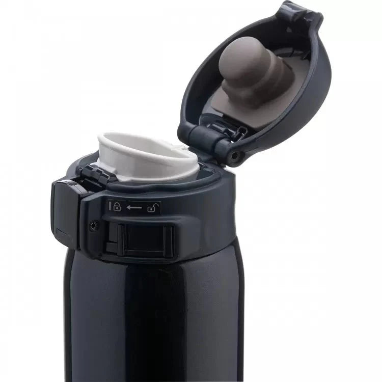 Zojirushi SM-SR black insulated travel mug open lid showing drinking spout interior stainless steel