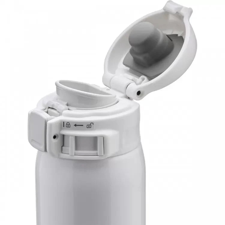 Close-up of Zojirushi SM-SR white travel mug lid showing hygienic non-stick interior