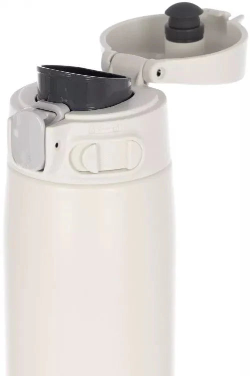 Zojirushi SM-WA white travel mug with flip-top lid open, showing spout