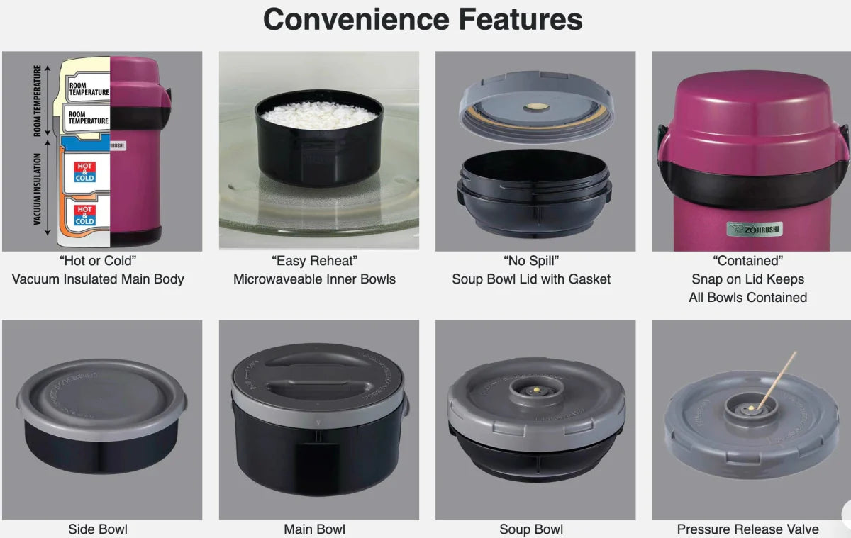 Range of Zojirushi thermal lunch jars in different sizes and colours, available in Ireland and UK