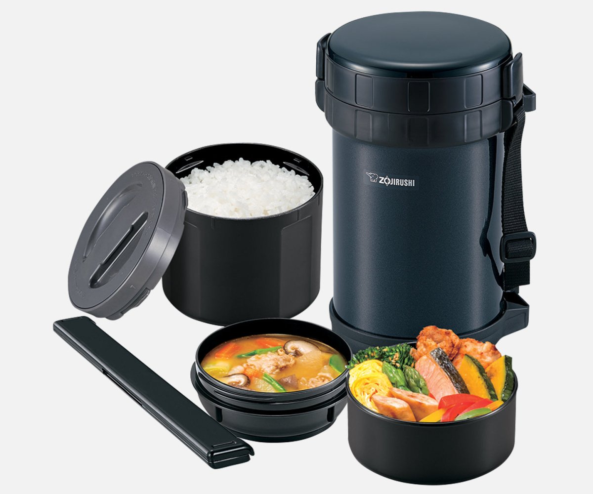 Complete Zojirushi SL-XE thermal lunch jar set including containers, lids and insulated carry case
