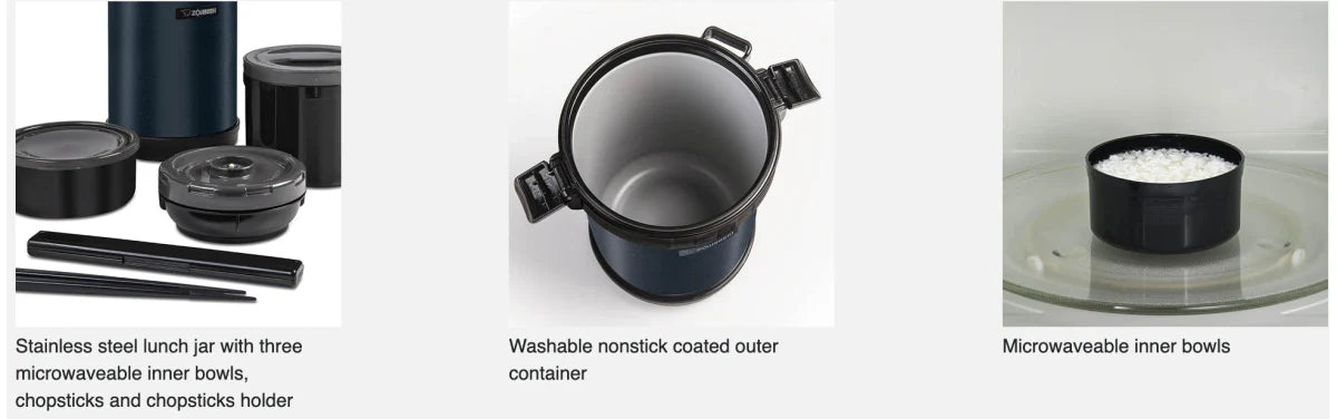 Durable stainless steel vacuum insulation of the Zojirushi SL-XE 2.0L lunch jar, keeps food hot or cold for hours