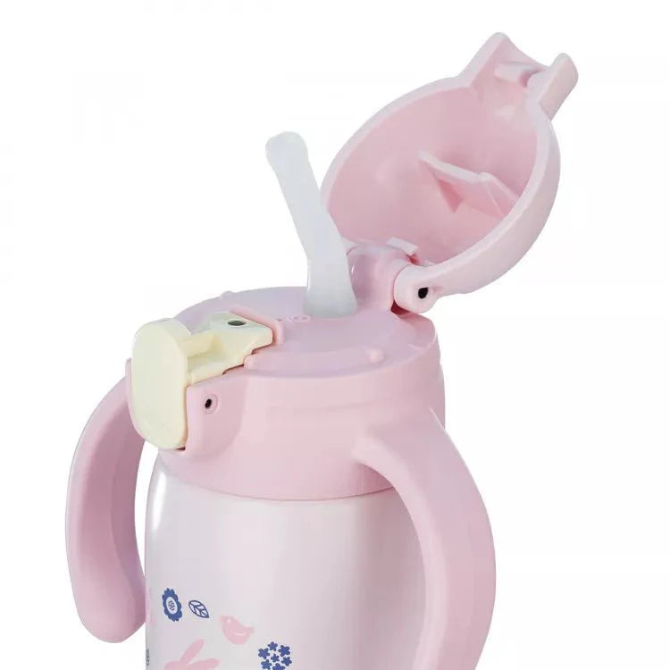 Zojirushi kids mug with flip-open lid and straw, pink design